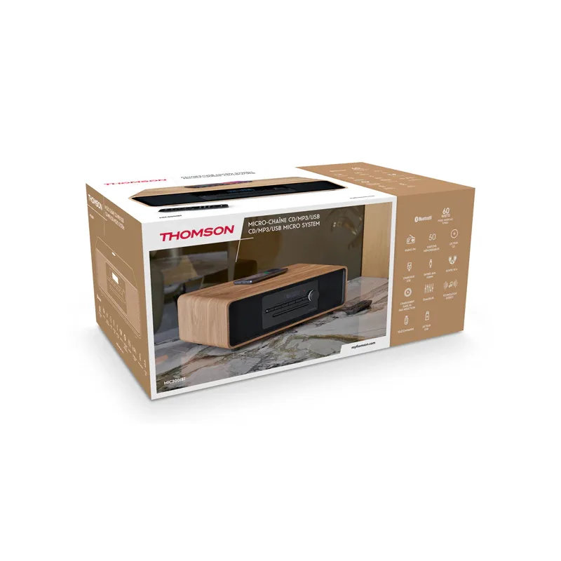 THOMSON SOUND SYSTEM BT/DIG. FM/CD/USB PLAYER 60W QI CHARGER EQ REMOTE WOOD/BLACK MIC123BT 2